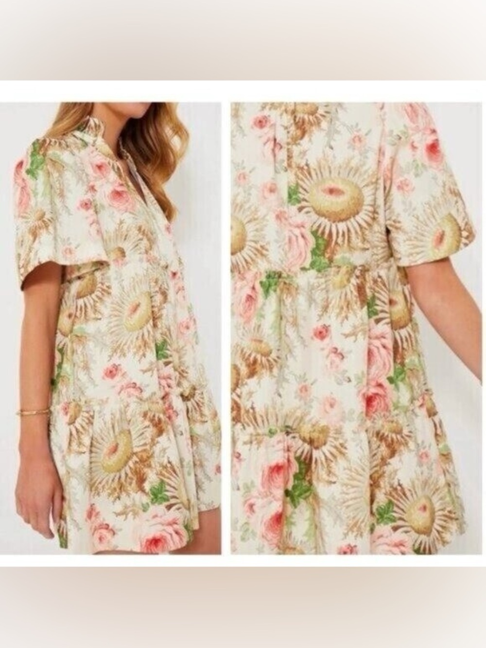 Tuckernuck Cream Floral Dress with Pink and Green Accents EUC
